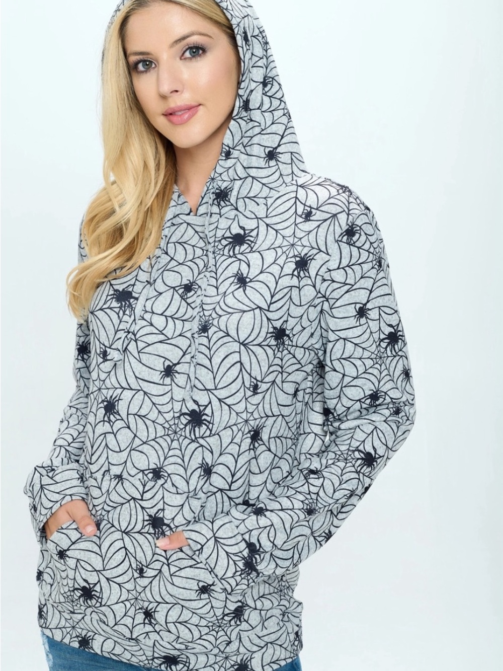 Women's Light Gray Spiderweb Hoodie Sweatshirt - Picture 2 of 5